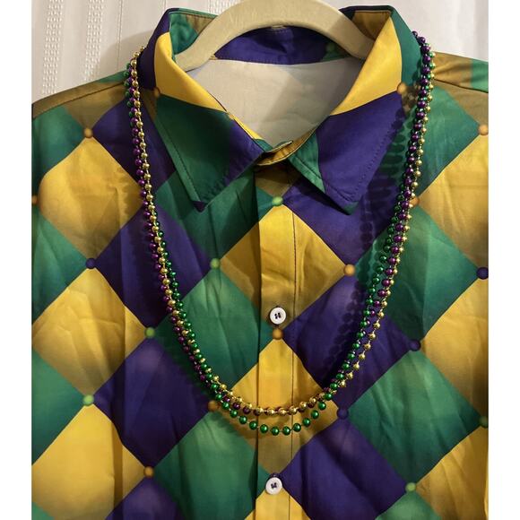 Mardi Gras Print Casual Button Down Short Sleeve Shirt New Orleans Small W/Beads - Picture 2 of 15